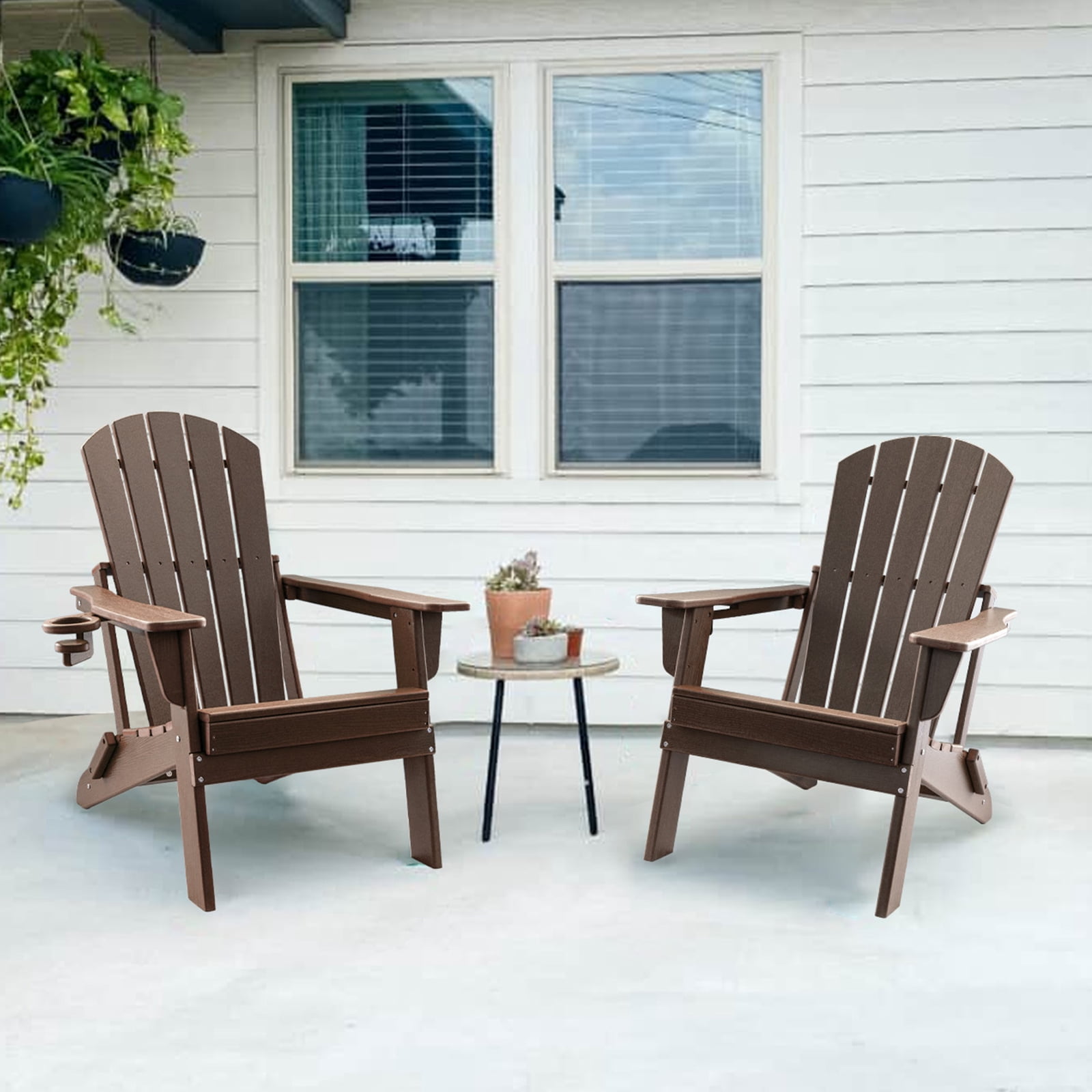HDPE Folding Adirondack Chair with Cup Holder,Weather-Resistant, Low Maintenance,Supports up to 400lbs,Coffee,1 Pack