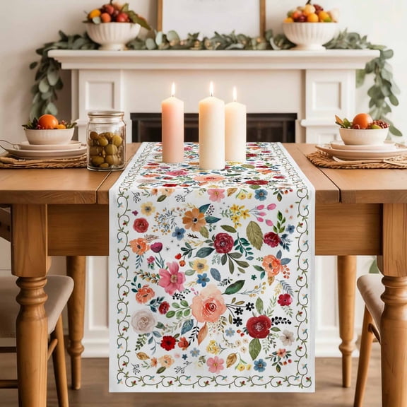 Vintage Countryside Flowers Table Runner 70 Inches Long,Kitchen Dining Tablerunners Orange Blue Floral Art Linen Table Runners Dresser Scarves for Home Dinner Wedding Holiday Party Decor
