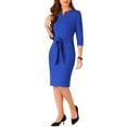 thumbnail image 4 of INSPIRE CHIC Women's Casual Business Tie Front Slit Neck Elbow Sleeve Office Sheath Dress, 4 of 5