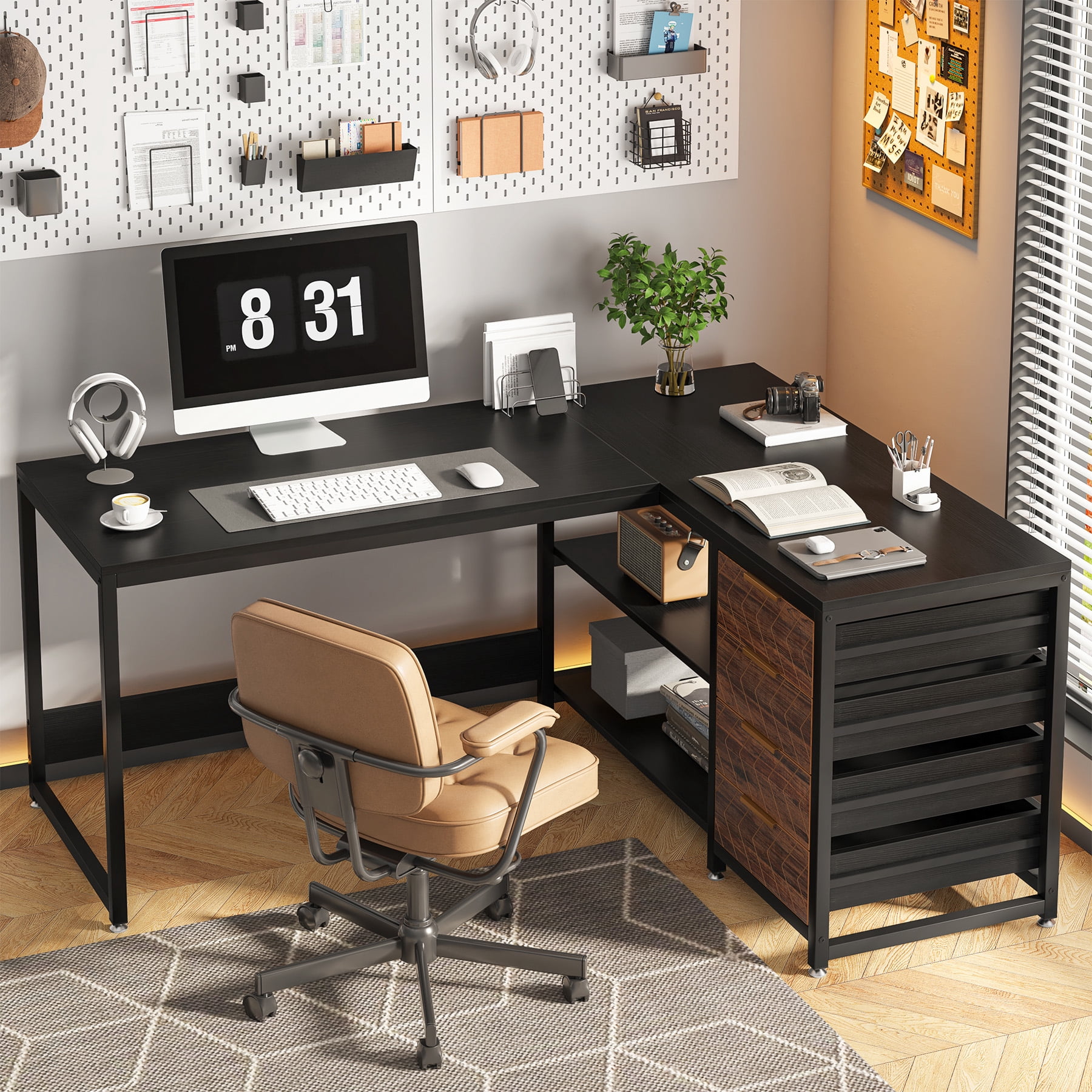 Tribesigns L-shaped Computer Desk, 59 inch Corner Desk with Drawers and Storage Shelves, Reversible Writing Study Table for Home Office, Black