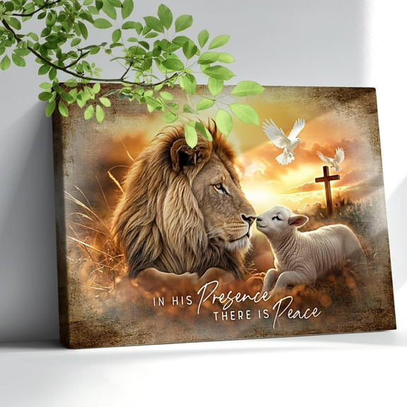 VELVET Lion and Lamb Canvas Wall Art His Presence There is Peace Pictures Wall Decor Christian Artwork Patg Prts for Livg Room Bedroom Church 16x12inch Framed