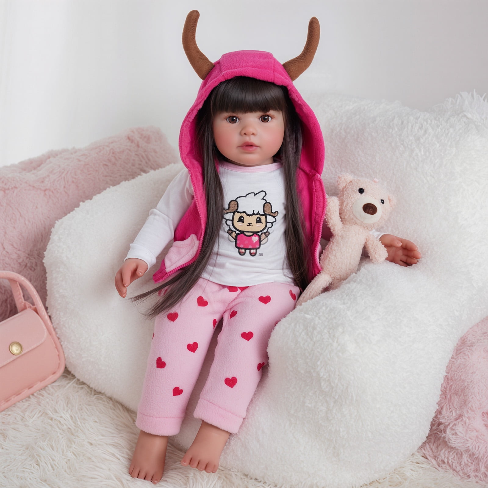 RSG Lifelike Reborn Baby Dolls Candy - 22 Inch Baby Doll Long Black Hair Girl Handmade Real Life Dolls with Clothes and Toy Accessories Gift for Kids Age 3+