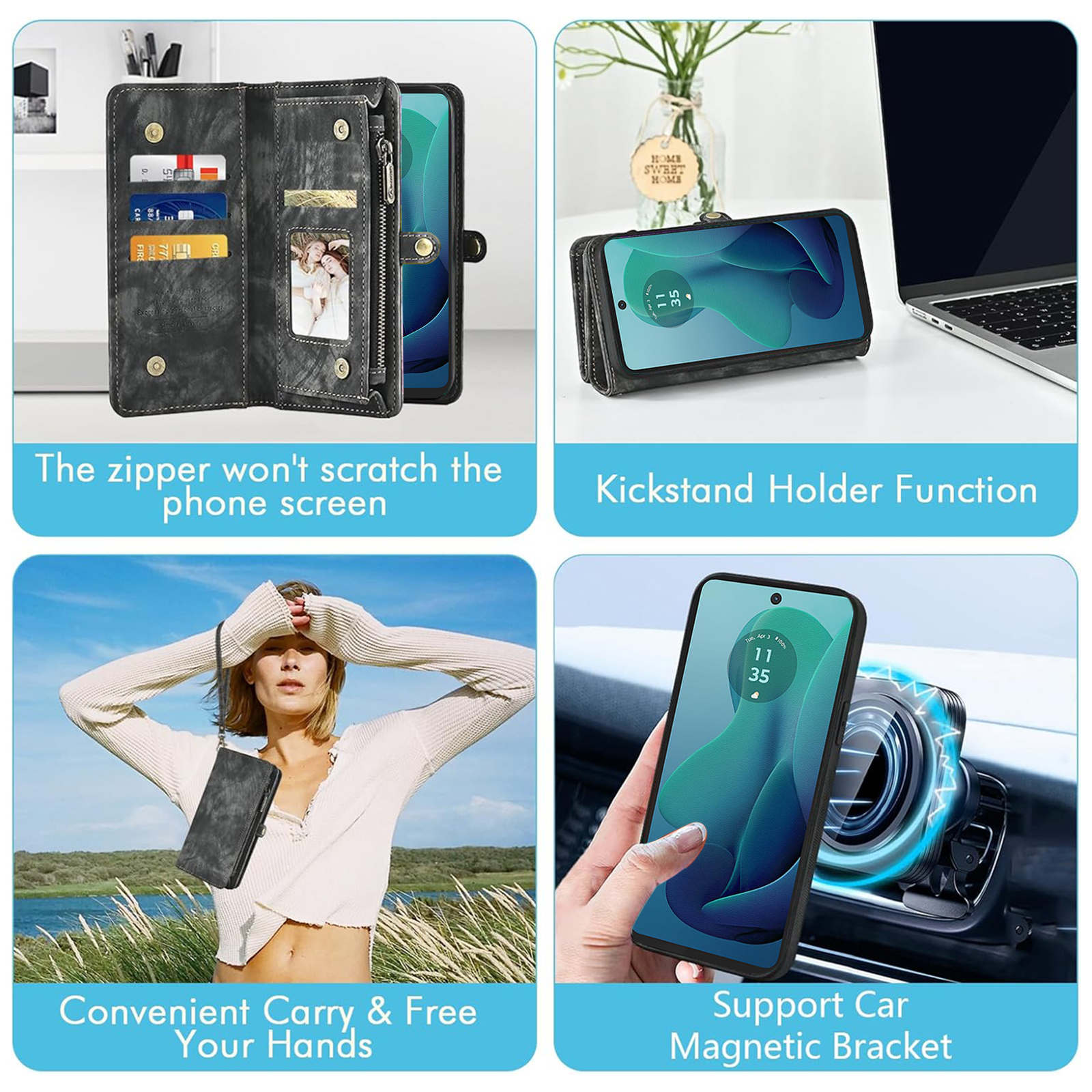 Asuwish Compatible with Motorola Moto G 5G 2024 Phone Case Zipper Wallet Detachable Tempered Glass Screen Protector Crossbody Lanyard Strap Flip Card Holder Slot Cell Cover for G5G 5 G G5 Women Black