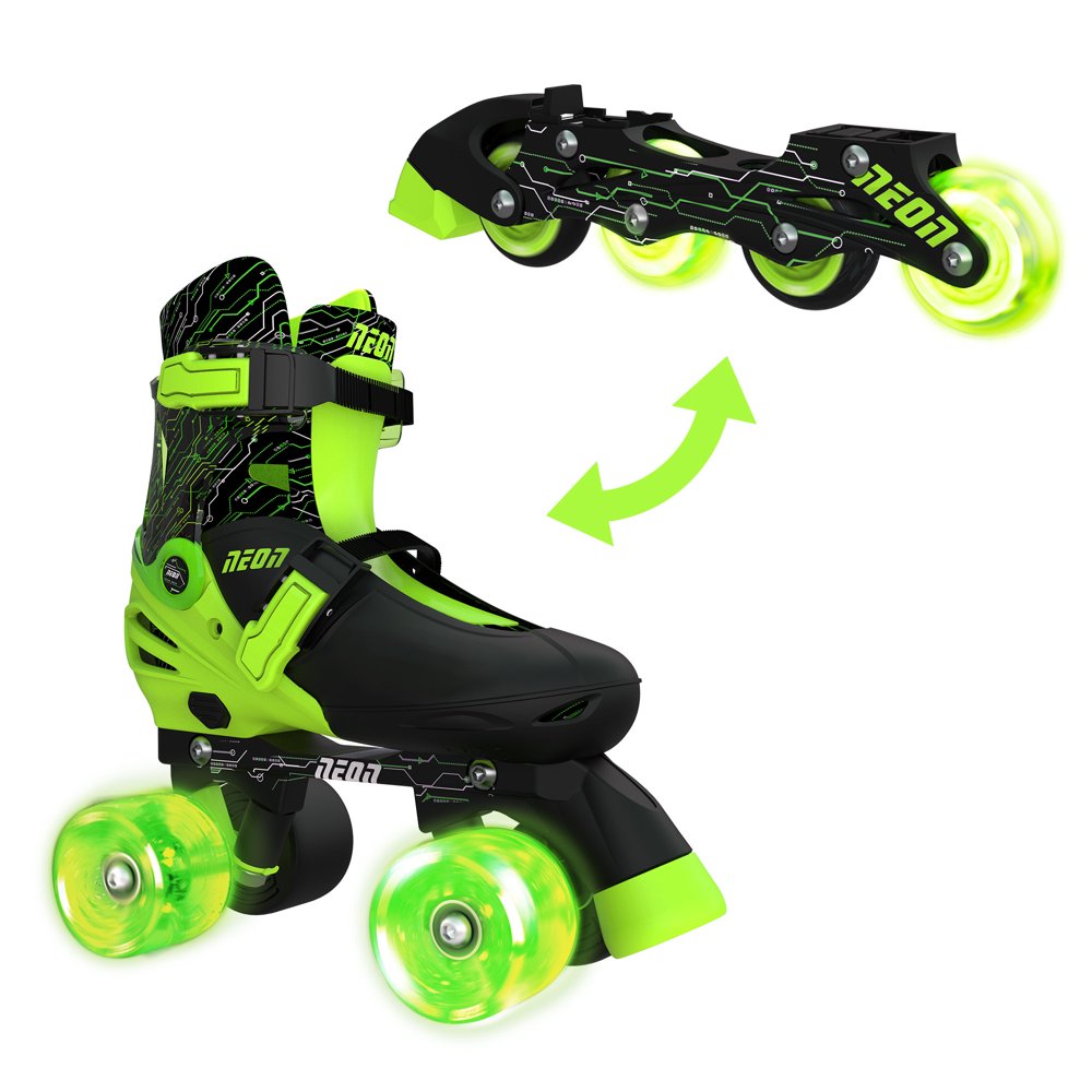 Neon Combo Skates 2in1 Green Adjustable Inline and Quad Skates for Girls with Lightup