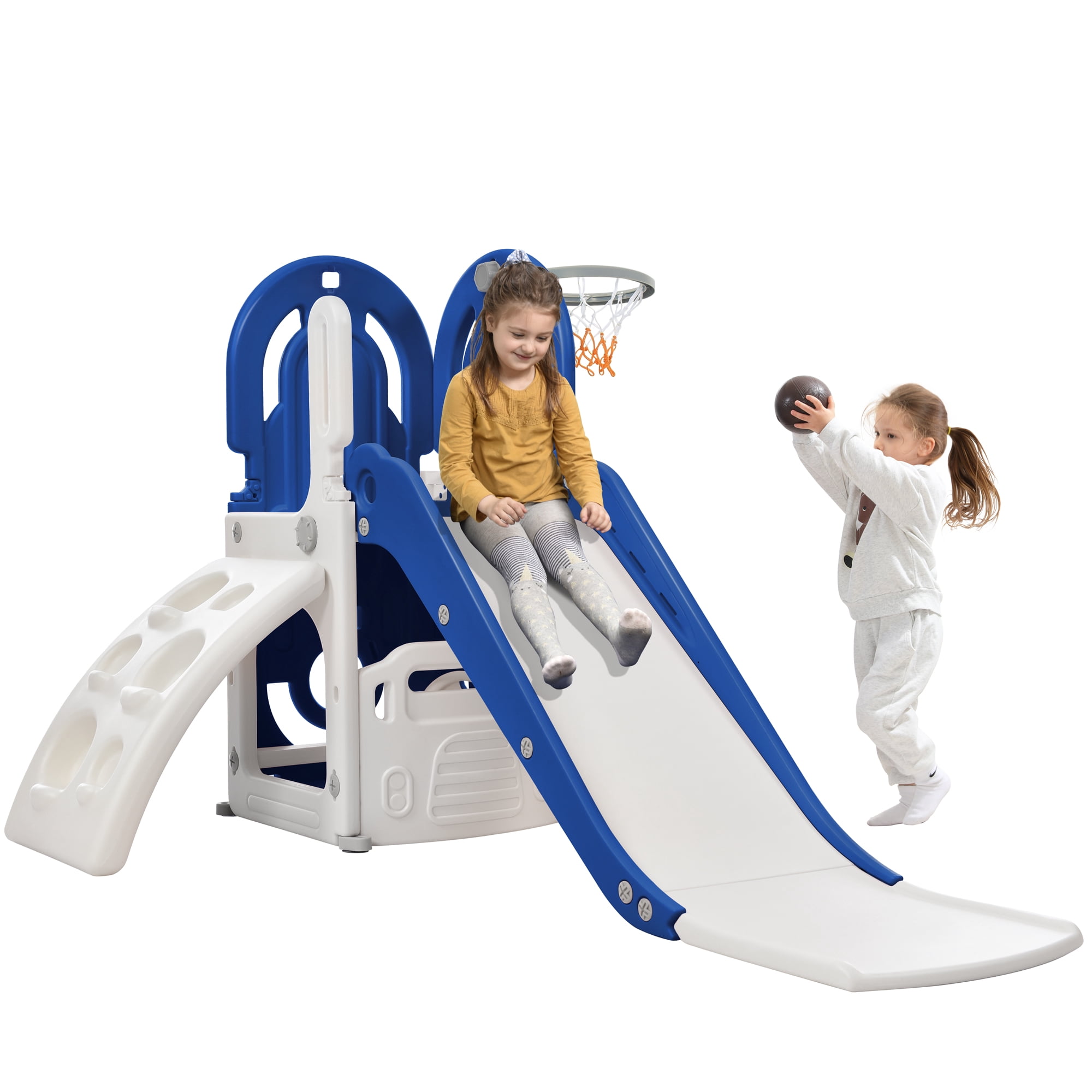 4 in 1 Toddler Climber and Slide Set with Basketball Hoop,Kids Climber & Bus Playhouse Slide Playse,Blue