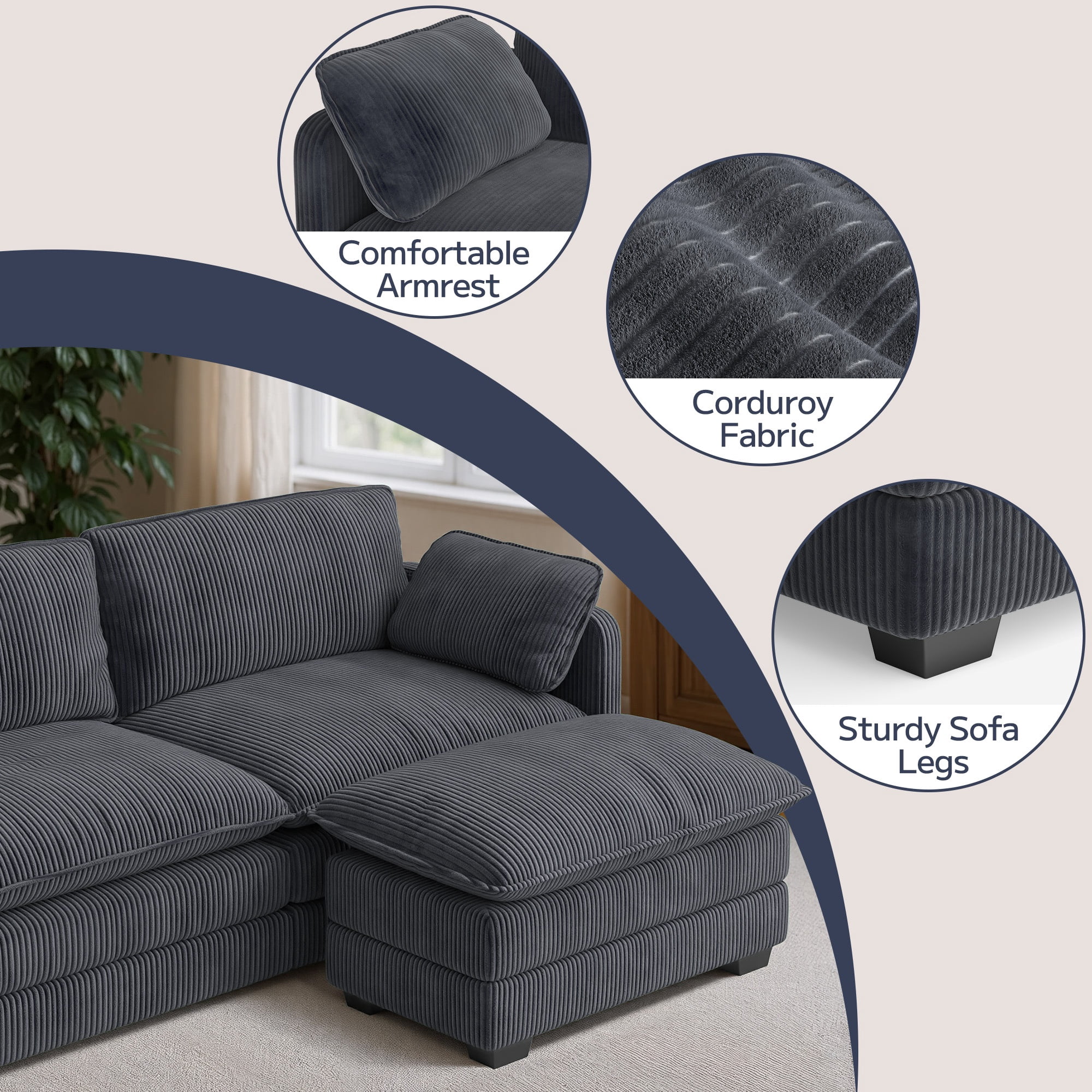 Asofer Sectional Couches for Living Room, L-Shaped Sofa Couch with Comfy Chenille, 3 Seat Sofa Set with Chaise for Apartment (Fabric, Grey)
