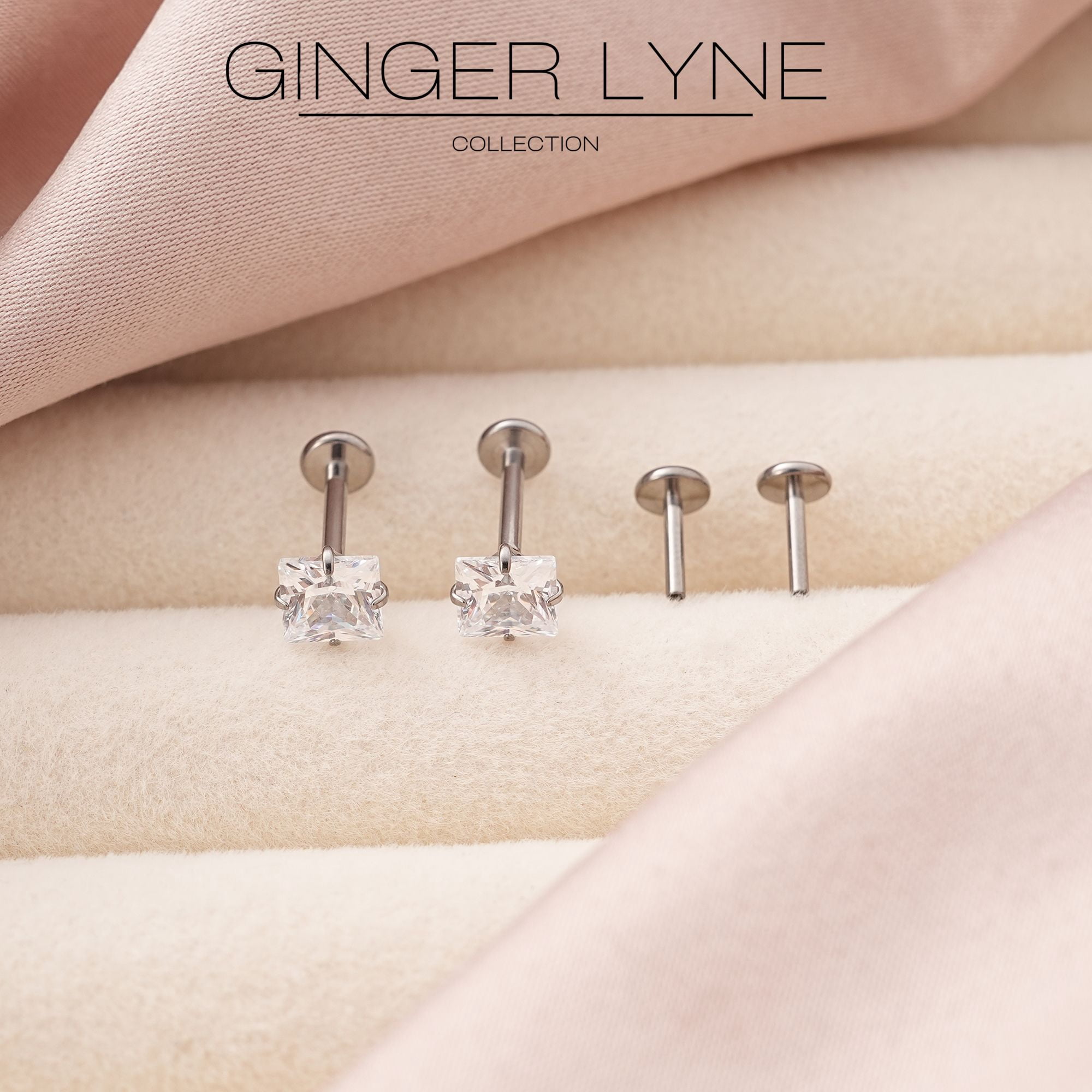 Princess Cut CZ 5mm Solitaire Flat Back Stud Earrings Titanium Body Piercings by Ginger Lyne 2 Sets Post 6mm 8mm