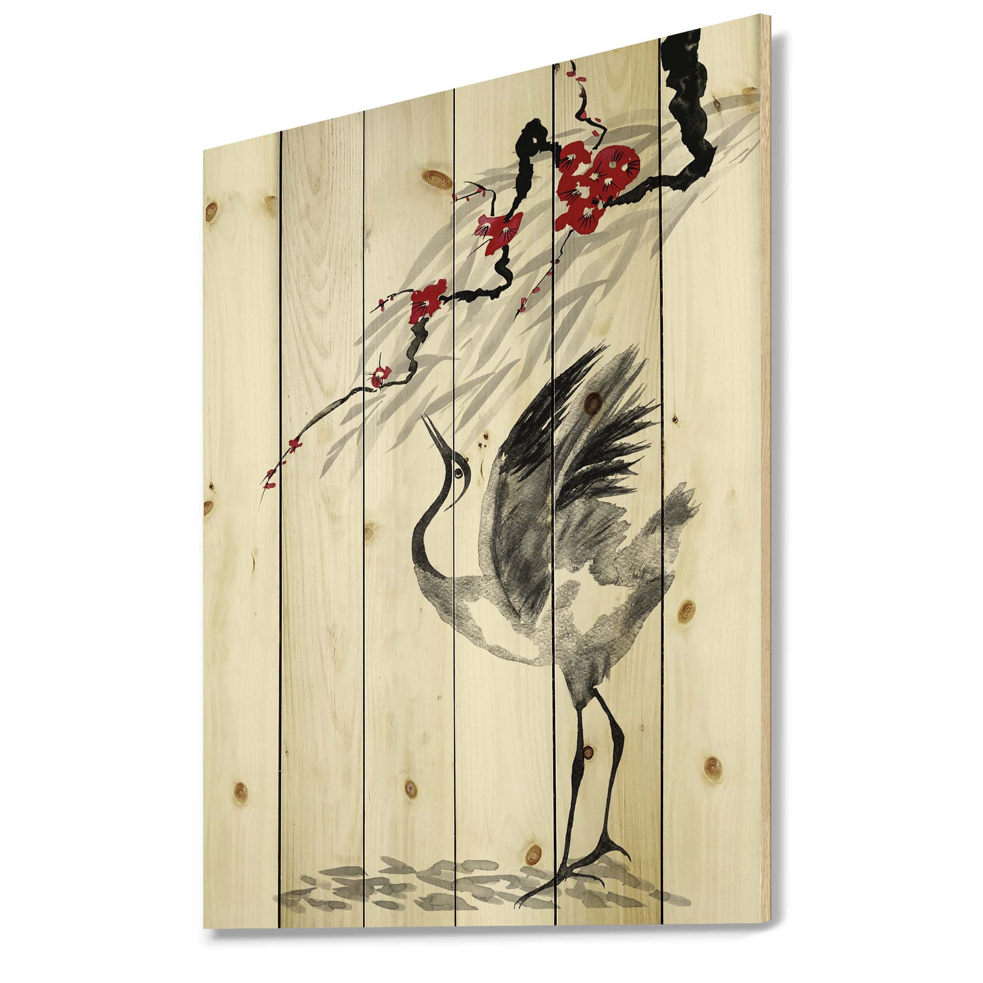 Designart 'Red Flowers With Japanese Cranes Bird Drawing' Traditional Print on Natural Pine Wood