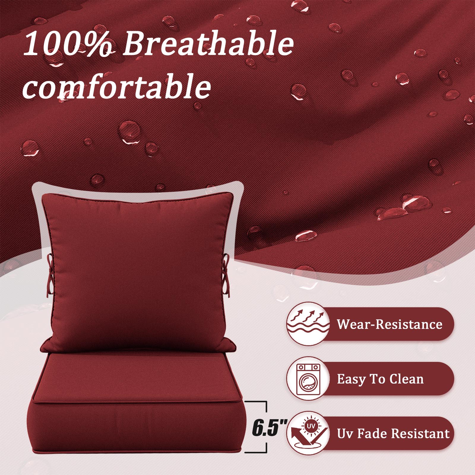 Snubbull Outdoor Deep Seat Cushion Set 24 X 24 X 6.5 inch Splash-Proof & Fadeness Patio Furniture Cushions，Removable Outdoor Couch Cushions with Hidden Zipper & Adjustment Staps, Burgundy