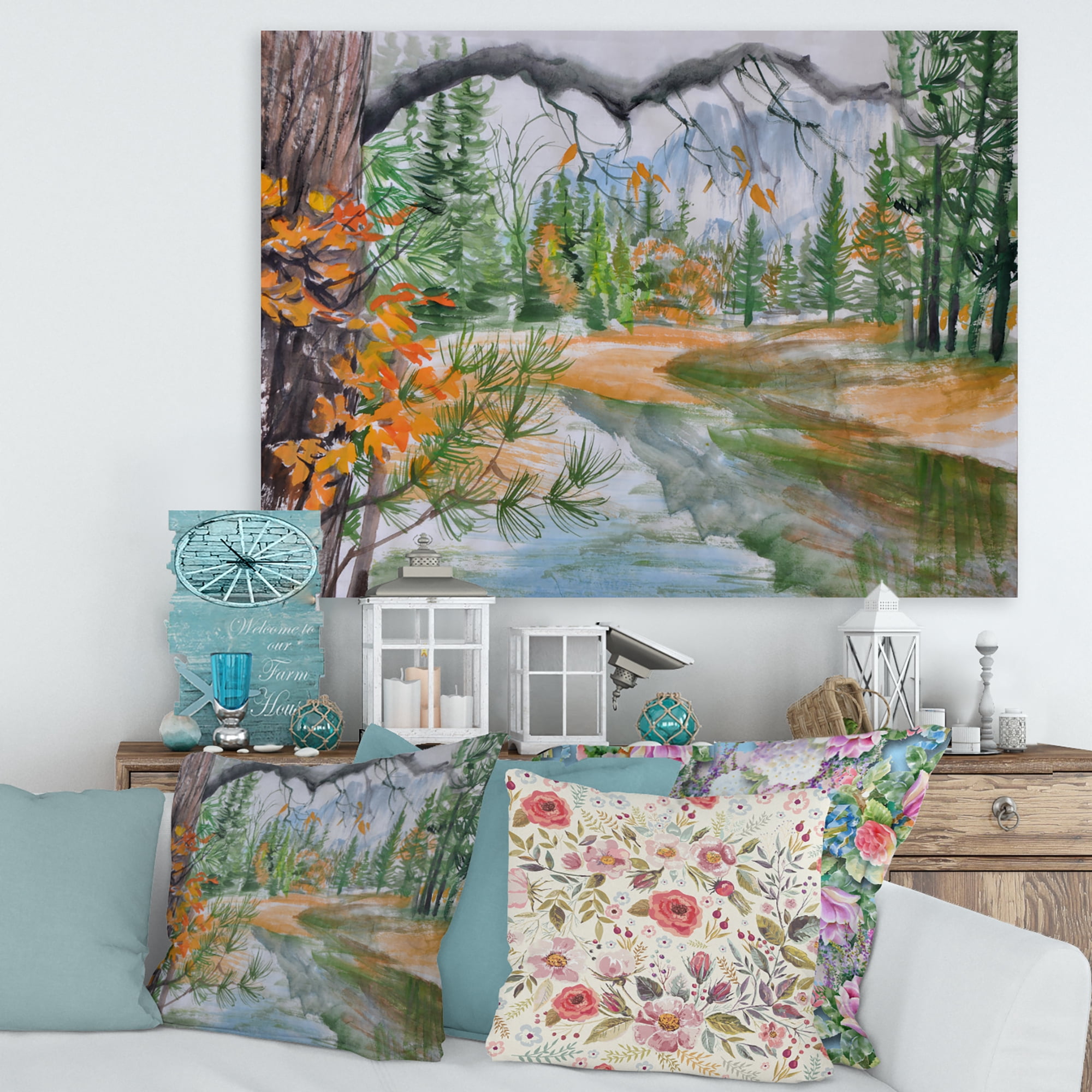 Designart ' Trees With River In Autumn Forest ' Lake House Canvas Wall Art Print