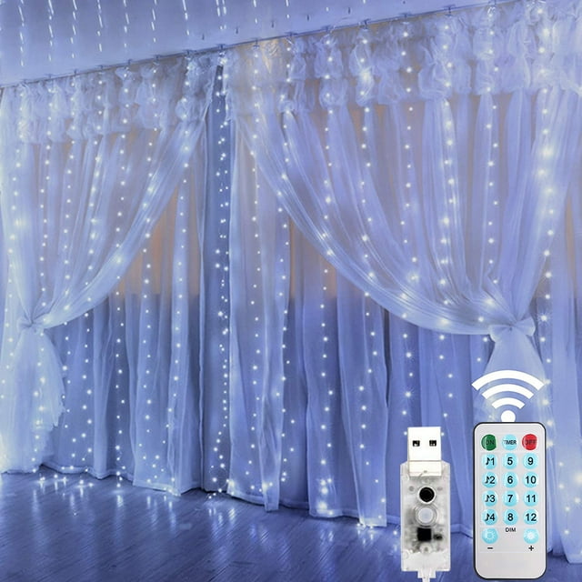 Cocomy 9.8ft x 9.8ft LED Curtain Lights Christmas Twinkle Star 300 LED Window Curtain String Lights with 8 Lighting Modes Remote Control USB for Xmas Wall Indoor Decoration