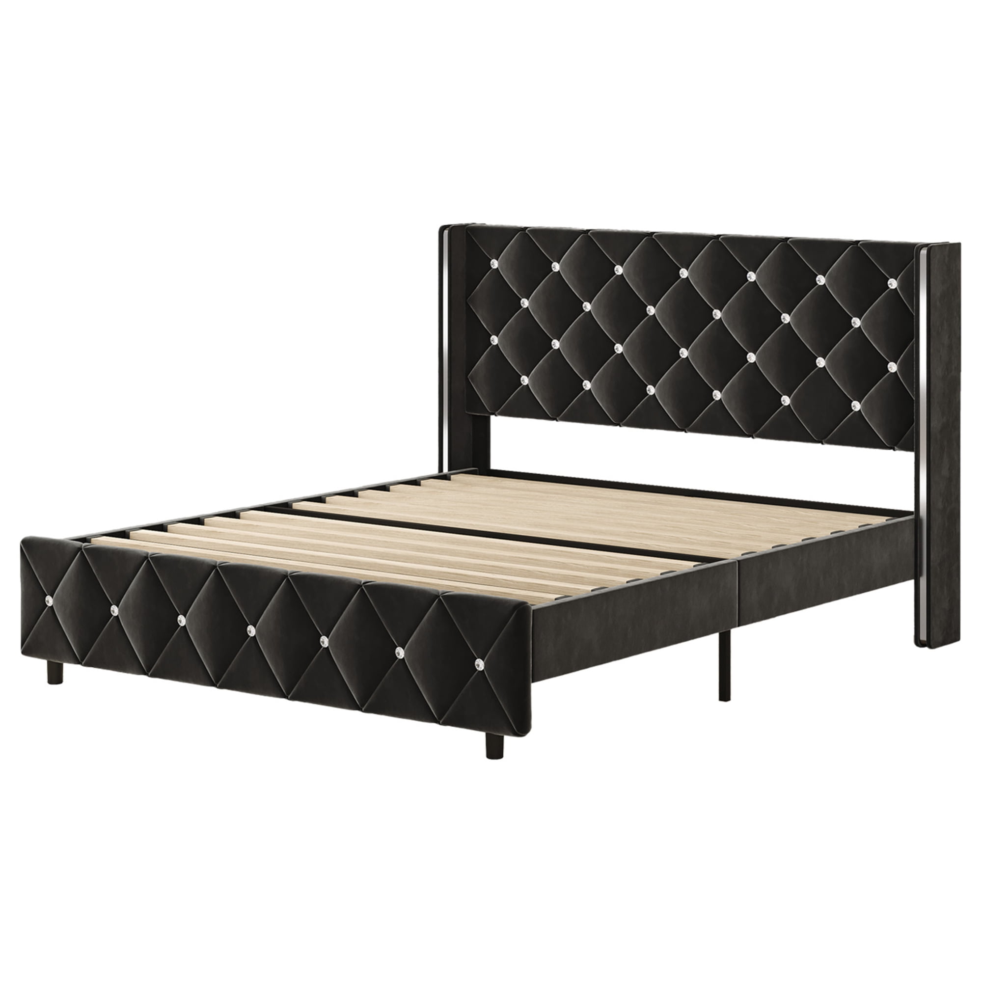 4 EVER WINNER Queen Size Black Upholstered Bed Frame with Silver Trim & Button Tufting, Velvet Platform Bed, No Box Spring Needed, Noise-Reduced Mattress Base