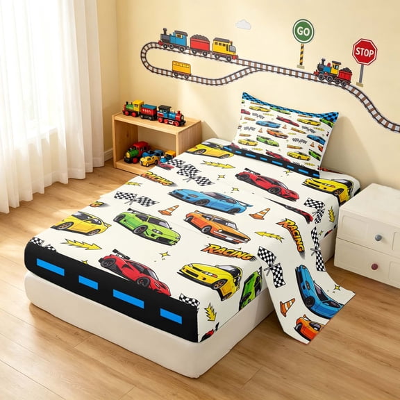 Erosebridal Cartoon Race Car Twin Sheets, Colorful Bedding, Cream White 3pcs (1 Flat Sheet, 1 Fitted Sheet and 1 Pillowcase)