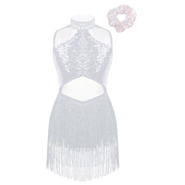 Runhomal Justaucorps de Ballet Sans Manches à Paillettes pour Filles, Robe à Franges, Style Latin Moderne Jazz Tango Rumba Salsa, Costume de Danse Blanc 6