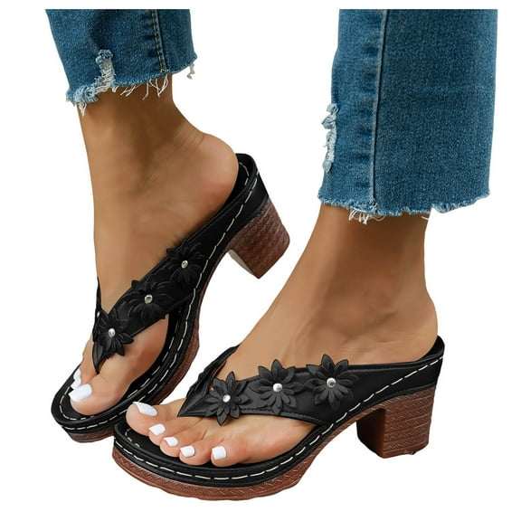 Women's High Heels Flip Flops 2025 Flower Beach Casual Chunky Heeled Dress Sandals Orthopedic Summer Slip on