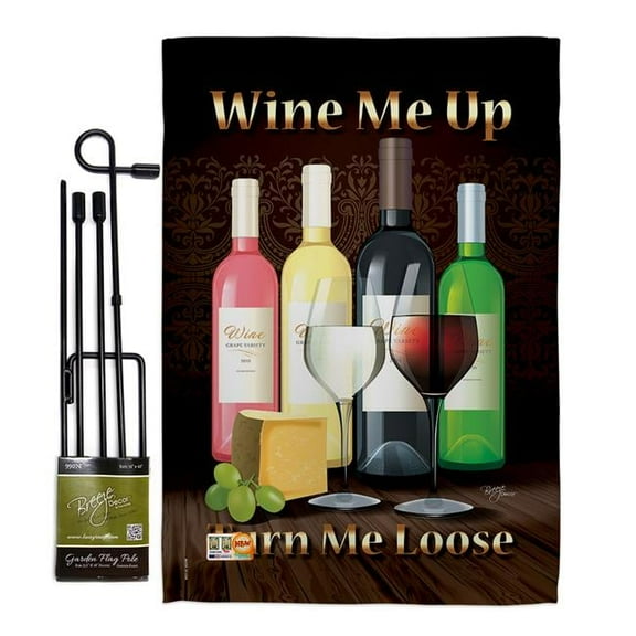 Breeze Decor BD-WI-GS-117030-IP-BO-D-US13-BD 13 x 18.5 in. Wine Me Up, Turn Loose Happy Hour & Drinks Impressions Decorative Vertical Double Sided Garden Flag Set with Banner Pole