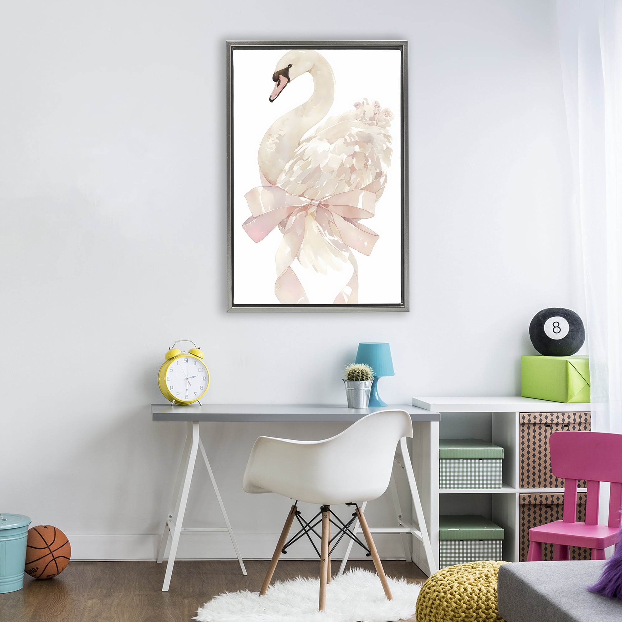 Stupell Industries Coquette Swan with Bow Gray Framed Floater Canvas Wall Art, design by Creative Studio