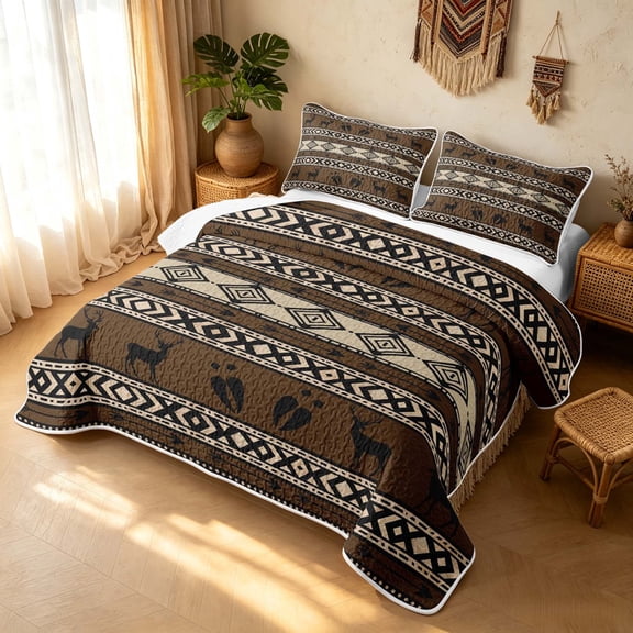 Erosebridal Boho Aztec Twin Quilt Set, Vintage Rhombus Twin Coverlet Set, Chocolate Cream 2 Pieces, 1 Bedspread and 1 Pillowcase