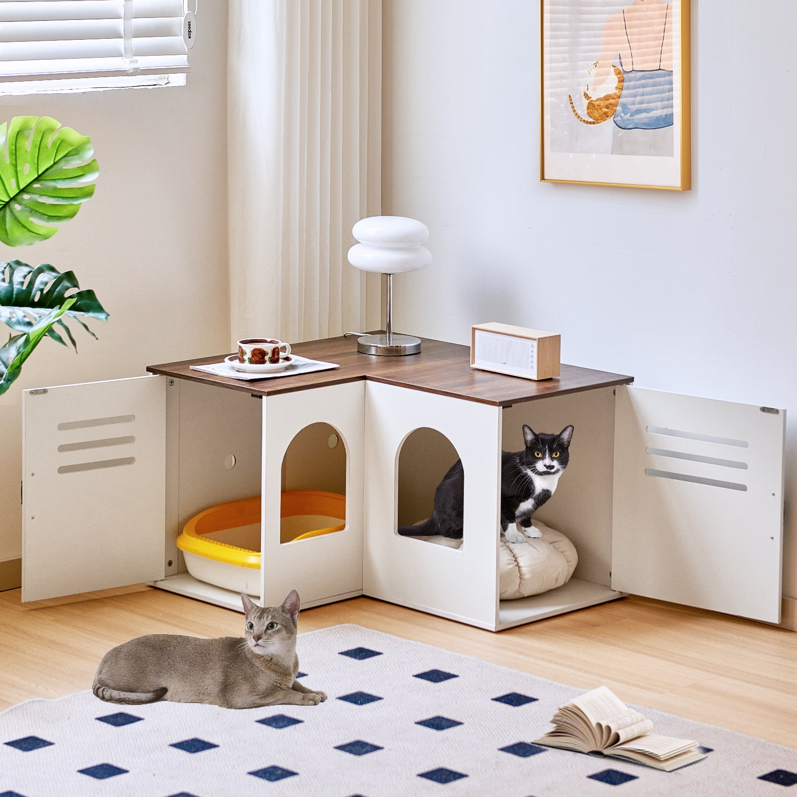 JanflyHome Litter Box Enclosure Furniture, Farmhouse Corner Cat Litter Box Enclosure for 2 Cats with 2 Silicone Food Bowls, White