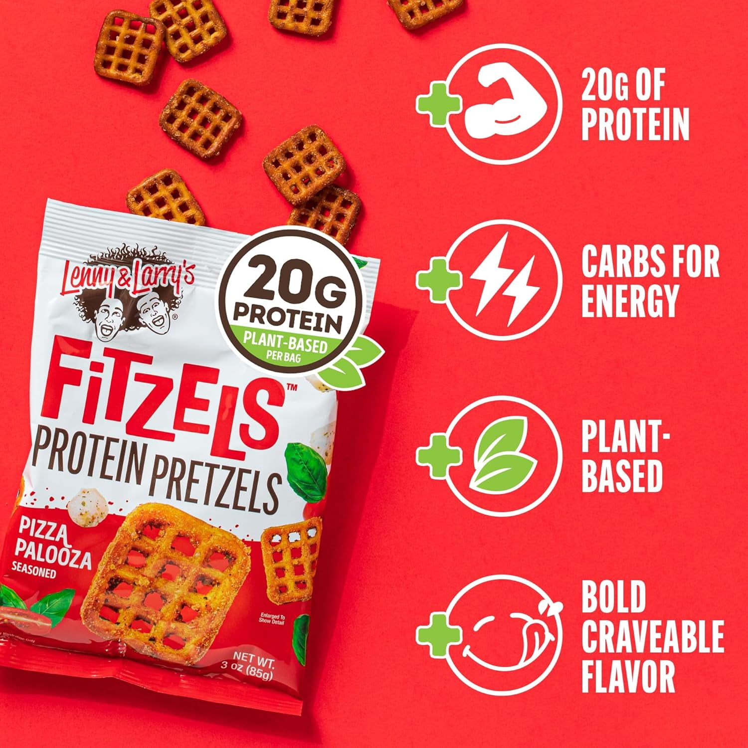 Lenny & Larry's Pizza Palooza FITZELS- TVS1&nbsp;Savory Pretzel Snacks Incredibly Tasty High Protein, Salty, Vegan 20 g's of Plant Based Protein 8 (eight) Bags, 3 oz Each