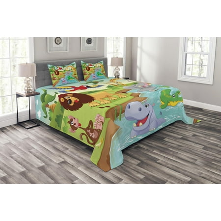 Children Bedspread Set, Cartoon Safari African Animals Swimming in the Lake Elephant Lions And Giraffe Art, Decorative Quilted Coverlet Set with Pillow Shams Included, Multicolor, by