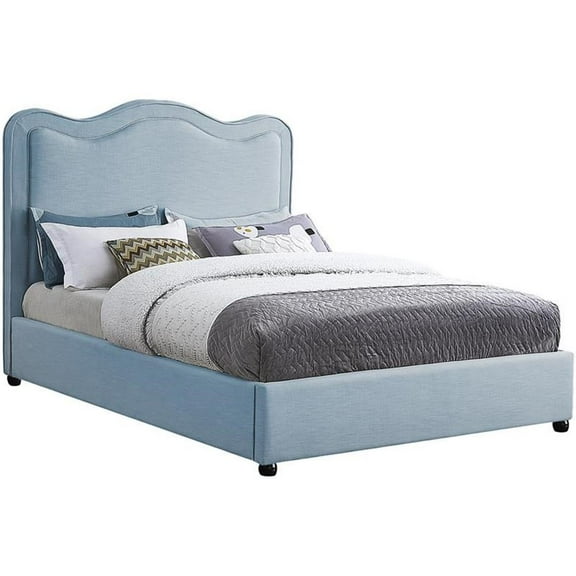 Maklaine Contemporary Light Blue Linen Textured Fabric Queen Bed