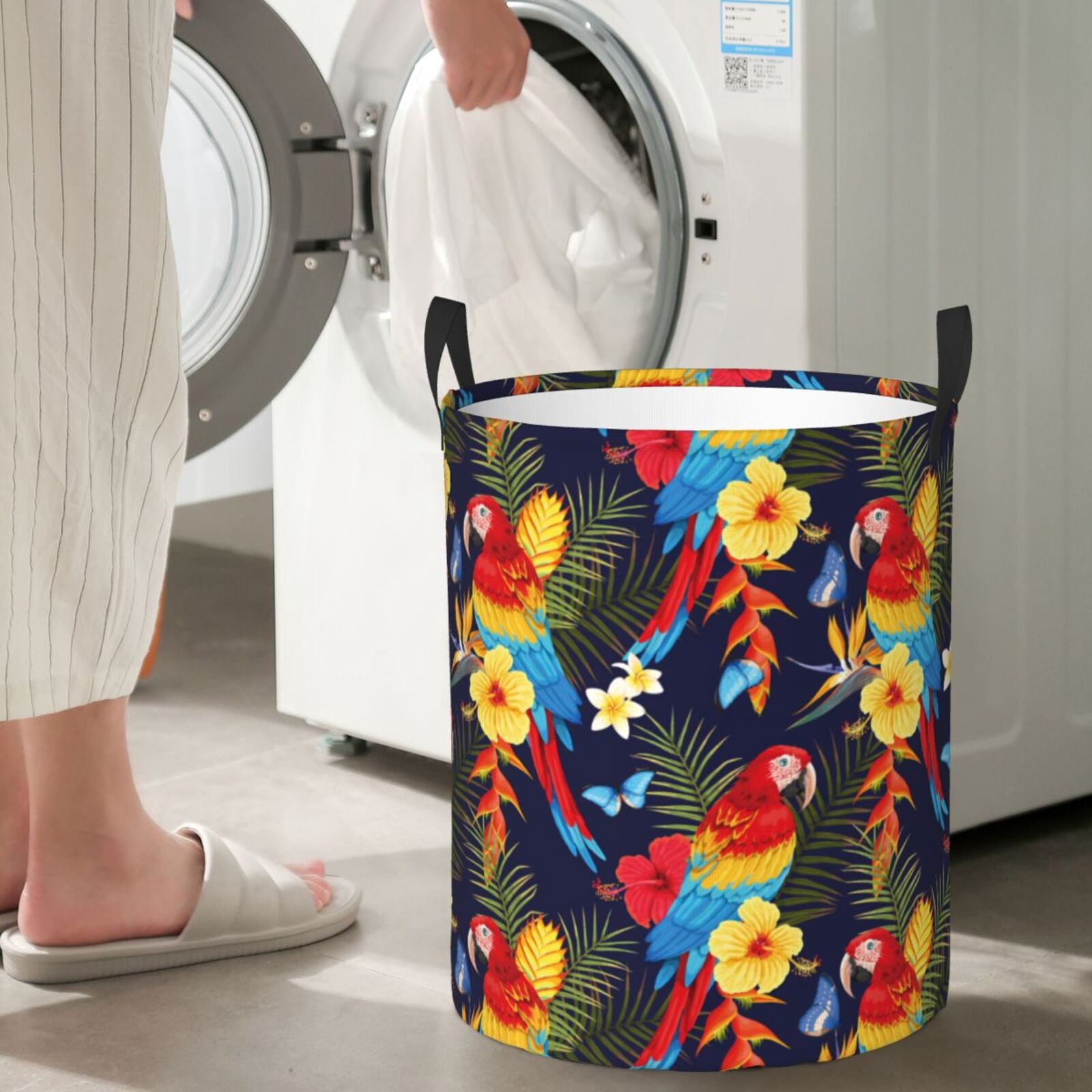 Large Laundry Basket with Handles - Colorful Parrot Flower Palm Leaves Kids Baby Dirty Clothes Laundry Hamper for Bedroom Aesthetic