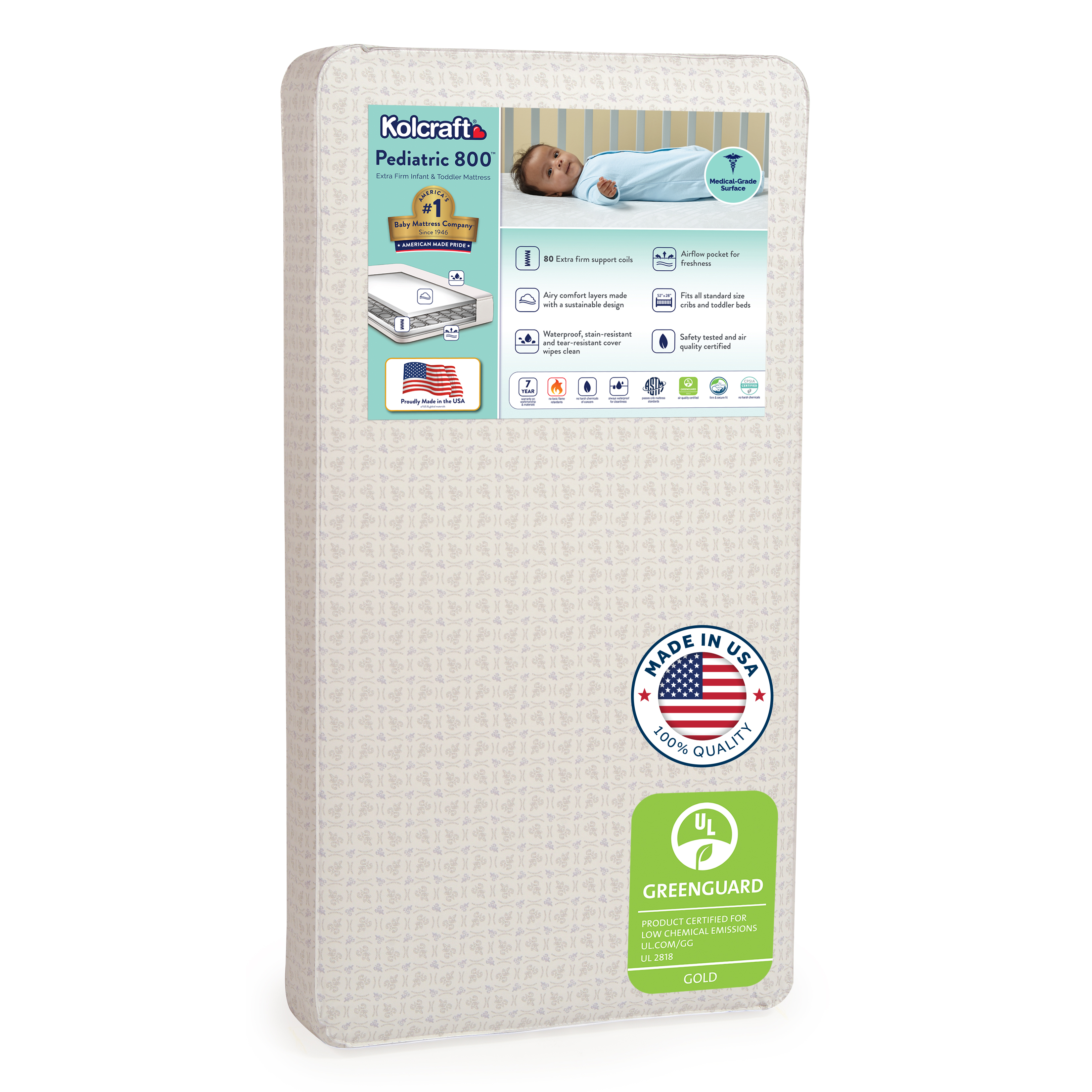 Kolcraft Pediatric 800 Extra Firm Baby Crib & Toddler Mattress, 80 Coil, Waterproof, Ecru