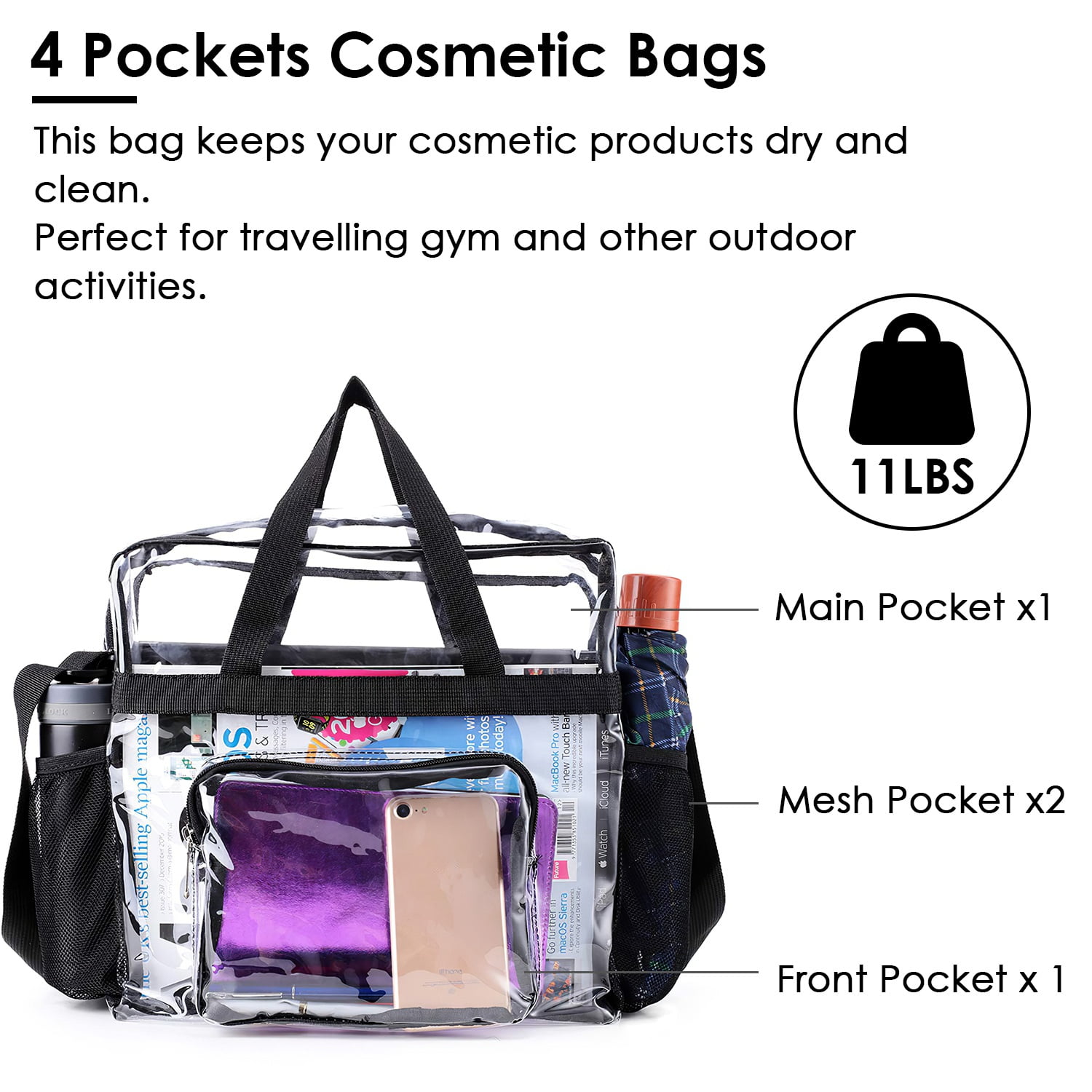 Clear Shoulder Bag Stadium Approved 12×8×11 Clear PVC Tote Lunch Bag with Adjustable Shoulder Strap for Work Travel Sporting Events
