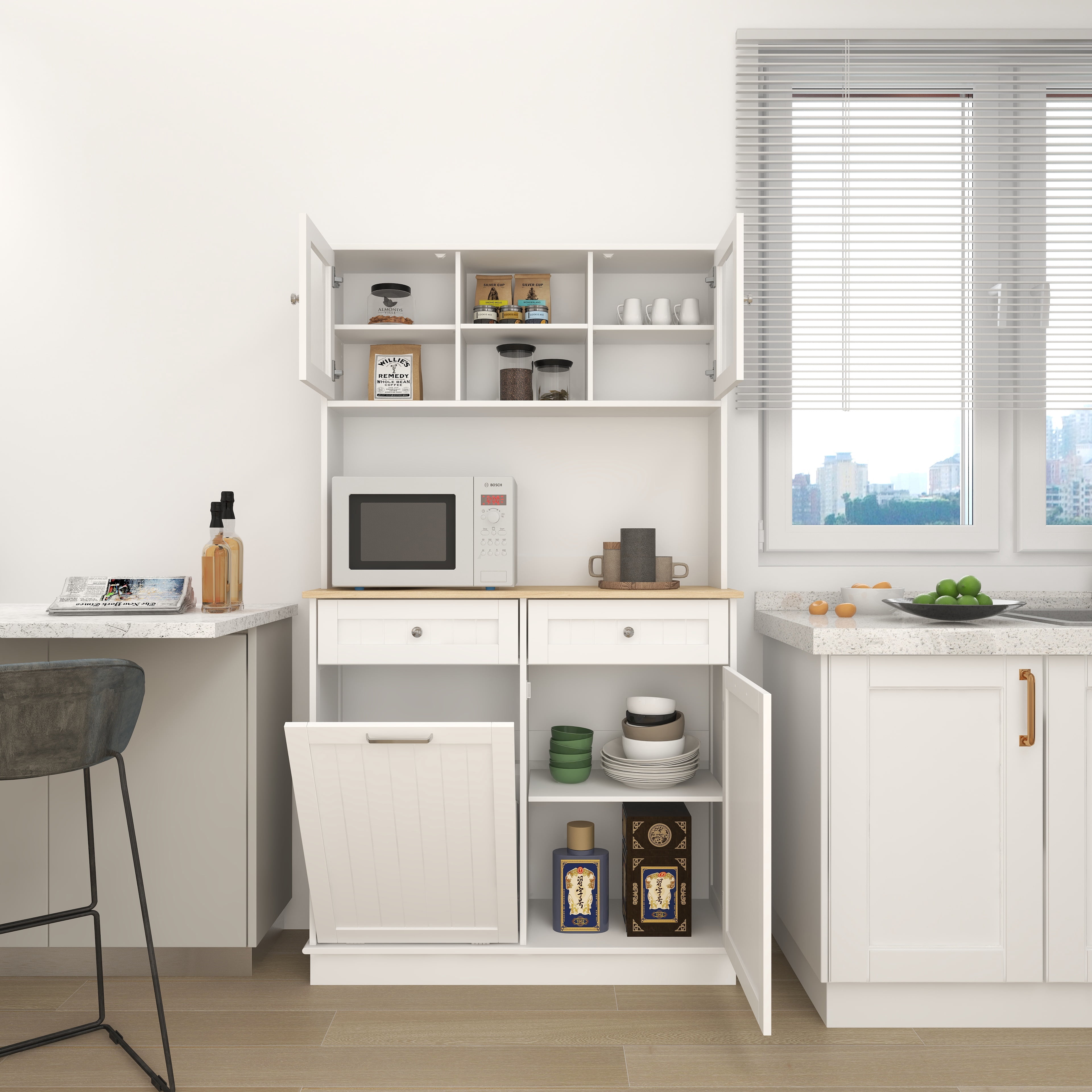 Mintazer Kitchen Pantry Cabinet with Tilt‑Out Trash Bin Compartment, Freestanding Buffet Hutch with Adjustable Shelves & 2 Drawers for Kitchen Dining Room, White
