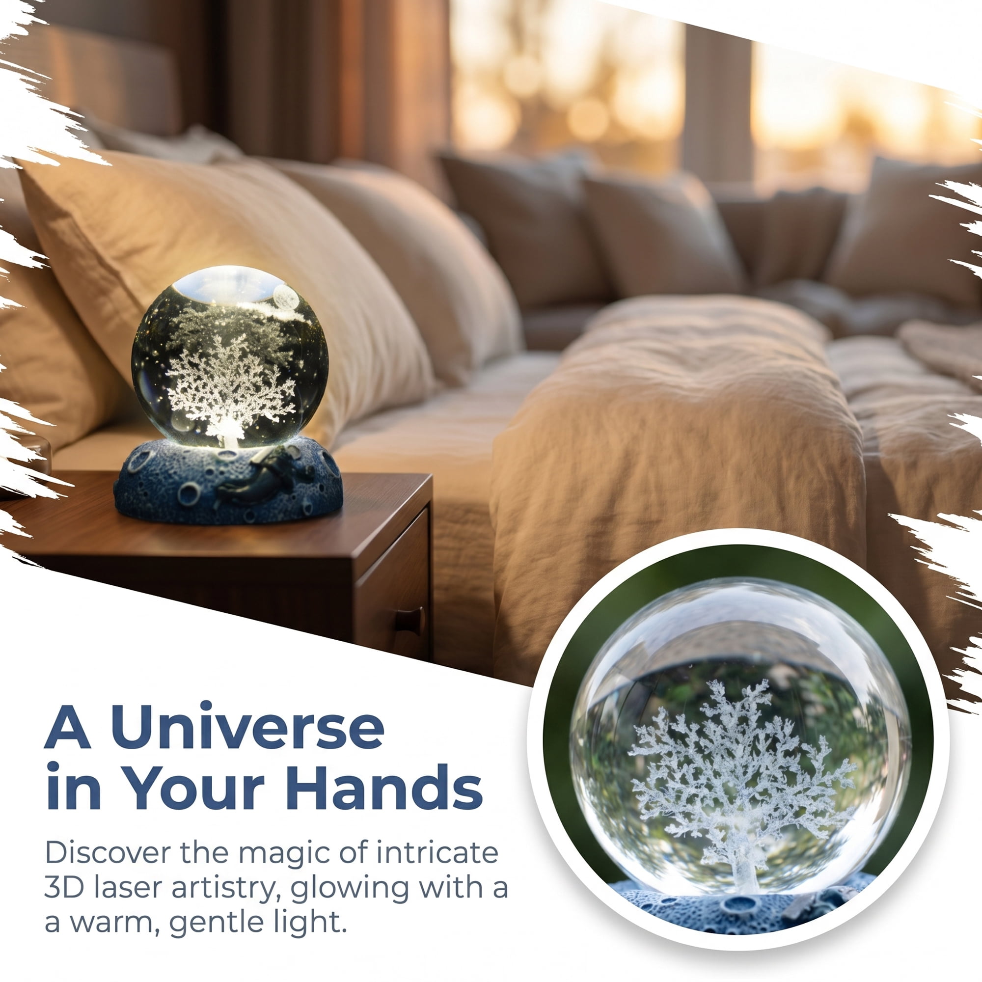 Unique Bargains Glowing Crystal Ball 3D Glass Ornament with LED Light Base Beige Style H