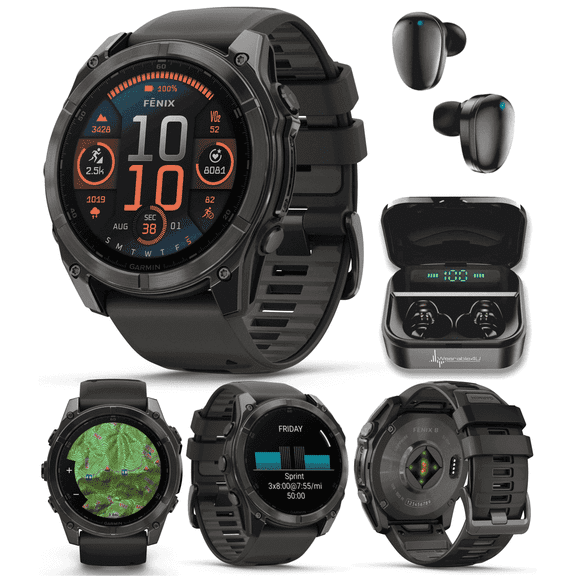 Garmin fenix 8 - 51 mm, AMOLED Multisport GPS Smartwatch, Sapphire, Carbon Gray DLC Titanium with Black/Pebble Gray Silicone, Built-in LED Flashlight with Wearable4U Black EarBuds Bundle