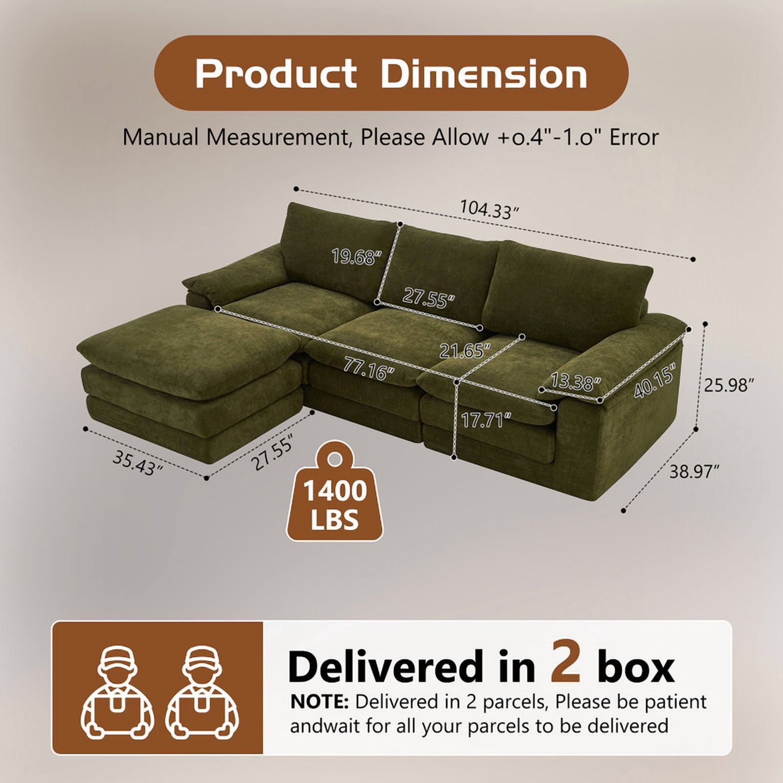 L-Shape Compressed Sectional Sofa with Movable Ottoman, 4-Seat Upholstered Chenille Deep Seat Modular Sofa Floor Couch