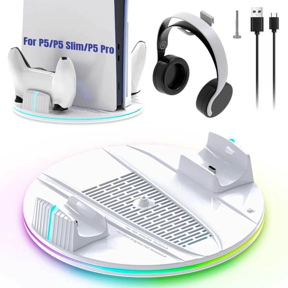Stand with Dual Controller Charger for PS5/PS5 Slim/PS5 Pro, RGB Vertical Console Stand with Headset Hook (White)