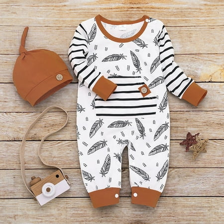 

Infant Baby Girl Boy Feather Striped Romper Jumpsuit with Pocket Clothes Hat Set Fragarn