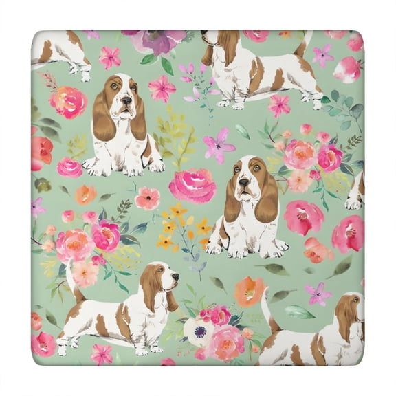 Basset Hound and Pioneer Flower Square Fitted Tablecloth with Elastic Edge,Square Table Cover,Washable Elastic Table Cover for Home Kitchen Party Decor 34"x34"