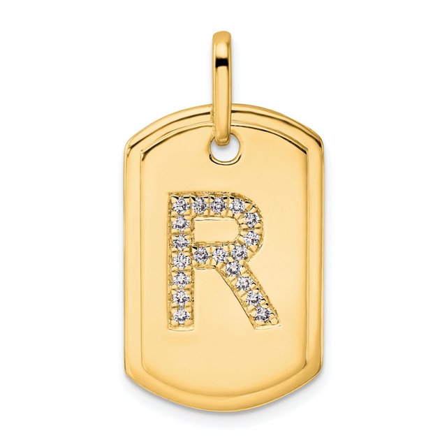 Diamond2Deal 14K Yellow Gold Diamond Initial R Dog Tag Charm for Women (W - 0.7 inch)