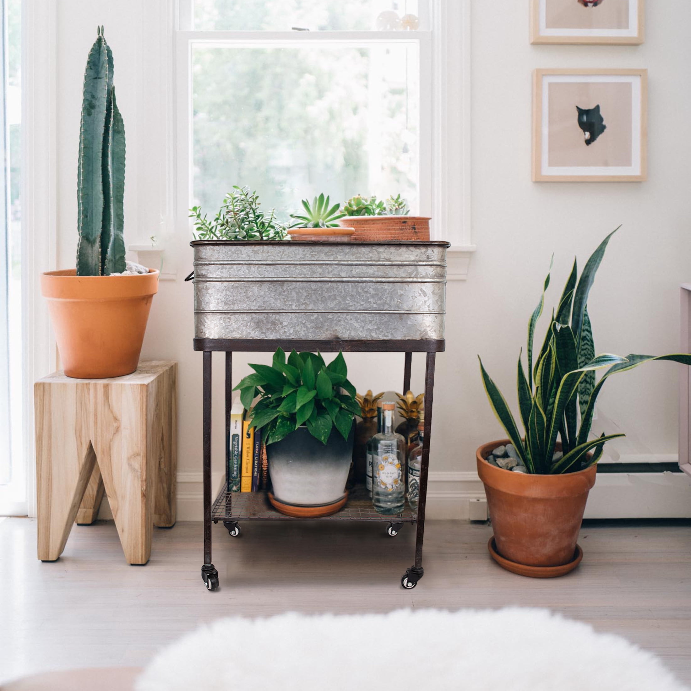Creative Co-Op Metal Planter Tub on Stand with Rolling Wheels, Galvanized Silver and Black