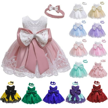 

SYNPOS 0-24M Baby Girls Princess Dress Ruffle Lace Backless with Headwear Bowknot Flower Dresses Pageant Party Wedding