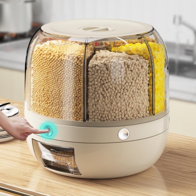 Dispensador de cereales Zynic de 6 kg, con rotación de 360° y un solo clic, para arroz y granos pequeños. Contenedor para granos con 6 compartimentos, ideal para la cocina y el hogar. Beige.