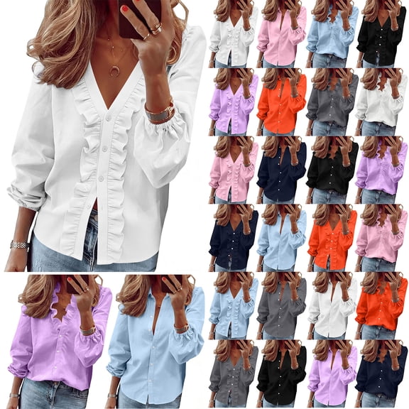 Ygbgbb Women's Ruffle Trim V Neck Button Down Blouses Lightweight Summer Shirts Casual Long Sleeve Shirt for Daily & Work & Vacation Wear White XXL