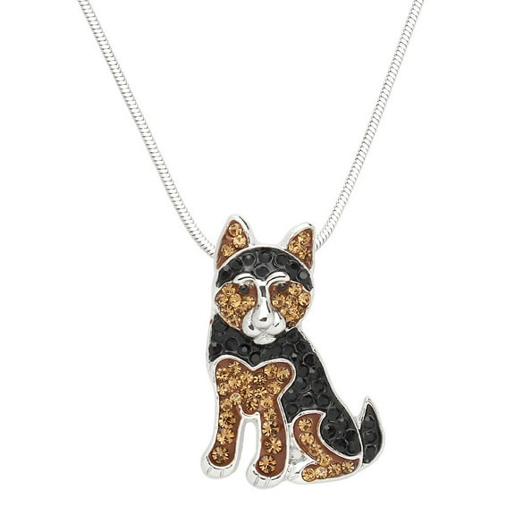 German Shepard Pendant Necklace Rhinestone Crystal Rhodium Plated 17 Inch Snake Chain J0977