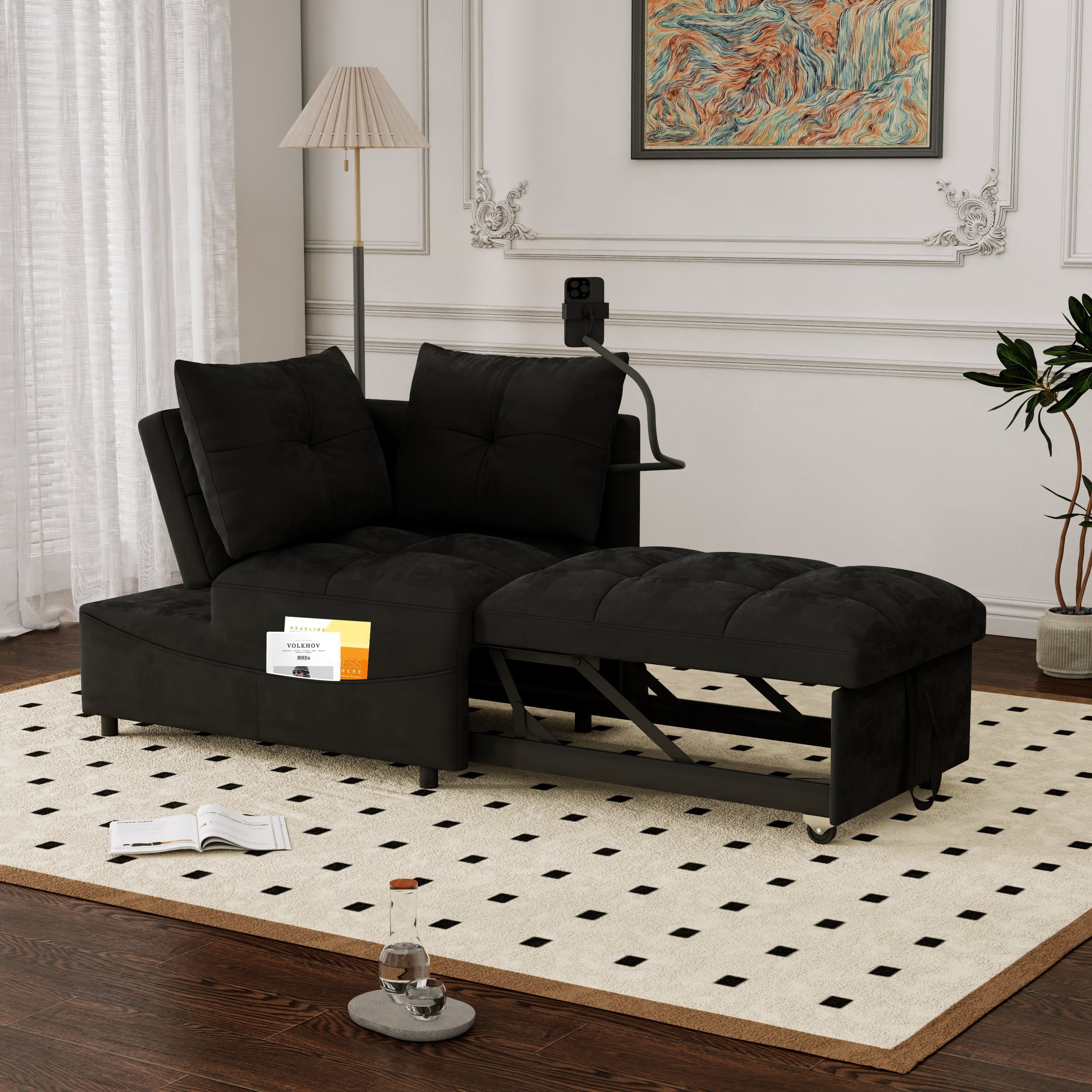 Leumius Folding Sofa Bed, 3 Lengths Available, Modern Sofa Velvet Pull-Out Bed, Loveseat with Adjustable Backrest, USB Port and Rotating Phone Holder, Black.