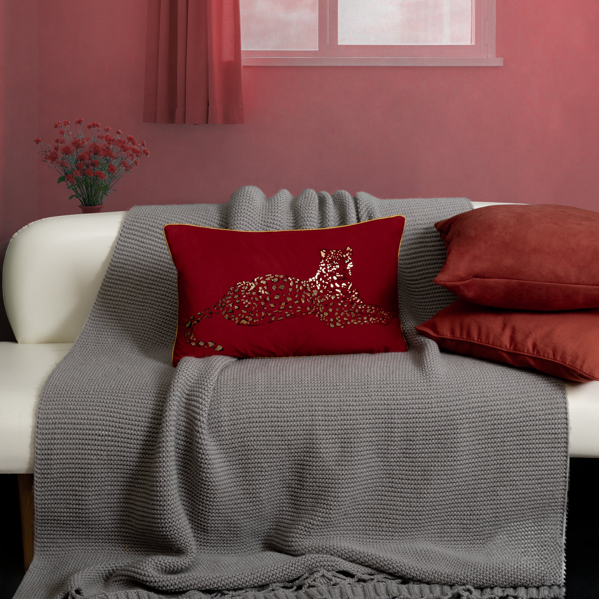 JWH Gold Foil Leopard Print Cotton Velvet Pillow Covers Red Lumbar Throw Pillow Cases for Sofa Bed Couch Car Decoration 12x20inch