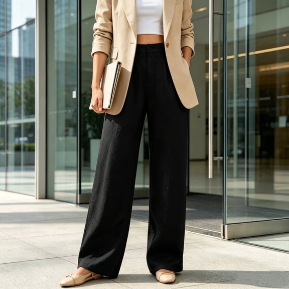DENTOYOU Women's Wide Leg Pants with Pockets Work Dress Linen Pants Trendy Business Casual Outfits Comfort Fit Slacks Trousers Black XXL