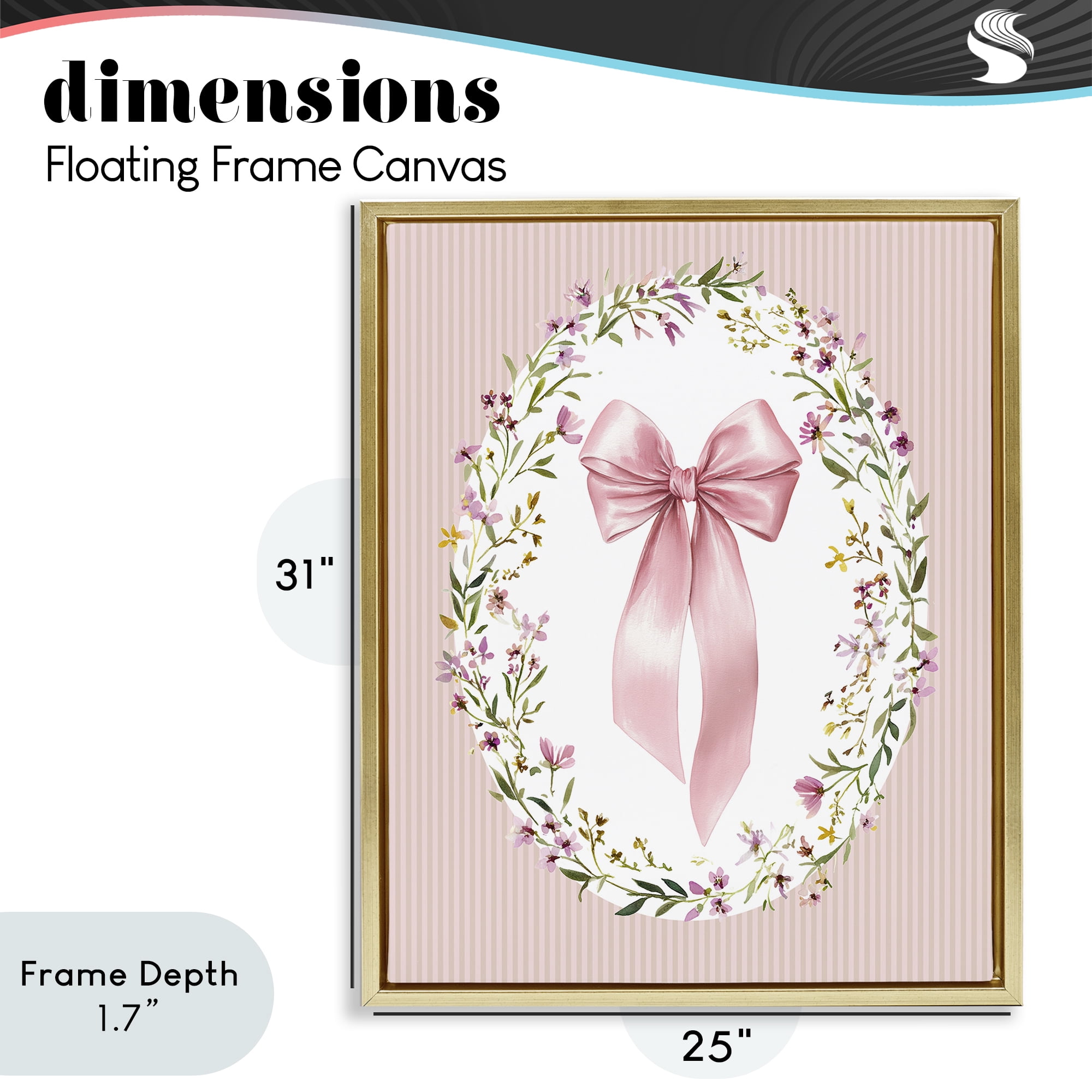 Stupell Industries Ribbon with Oval Florals Gold Framed Floater Canvas Wall Art, design by Christine Simpson Art