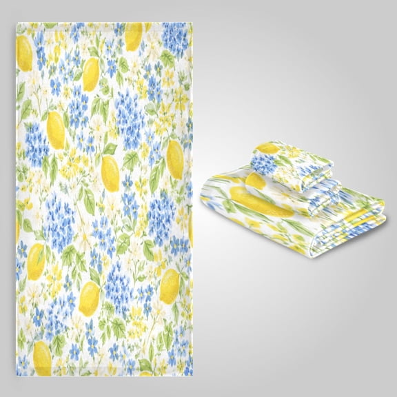 3 Pack Towel Set - Bath Towel, Hand Towel & Washcloth for Daily Household Use Delicate Lemon Floral Pattern