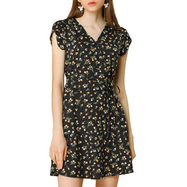 Unique Bargains Robe Ceinturée à Fleurs pour Femme, Col en V Croisé, Manches Pétales