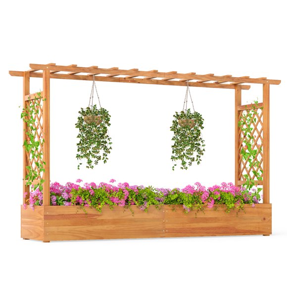 Costway 1 PCS Jardinière Surélevée de 45 Pouces avec Treillis avec Toit Suspendu, 2 Treillis Latéraux pour Fleurs