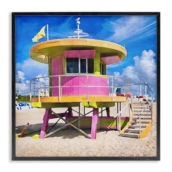 Stupell Industries Tropical Pink Lifeguard Hut Black Framed Giclee Art, 12 x 12, by LSR Design Studio